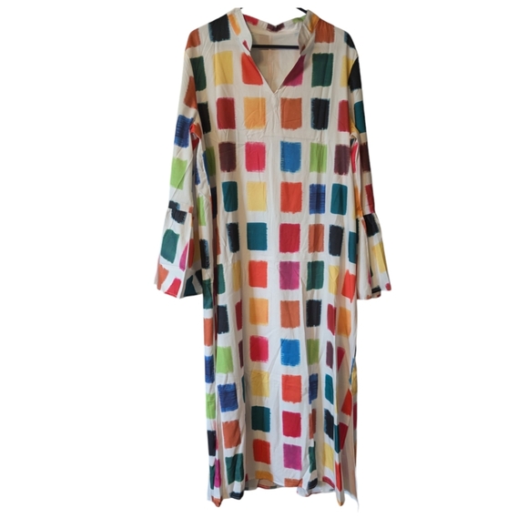 New Long Sleeve Printed Maxi Shift Dress Tunic Style Side Slits Sz.XXL - Picture 5 of 10